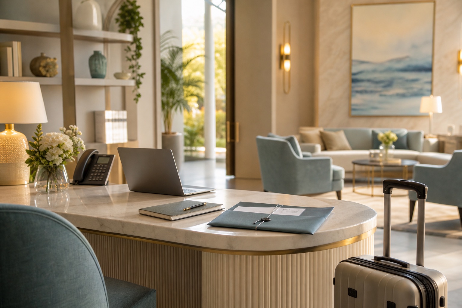 Warm luxury concierge lounge with travel folder and suitcase