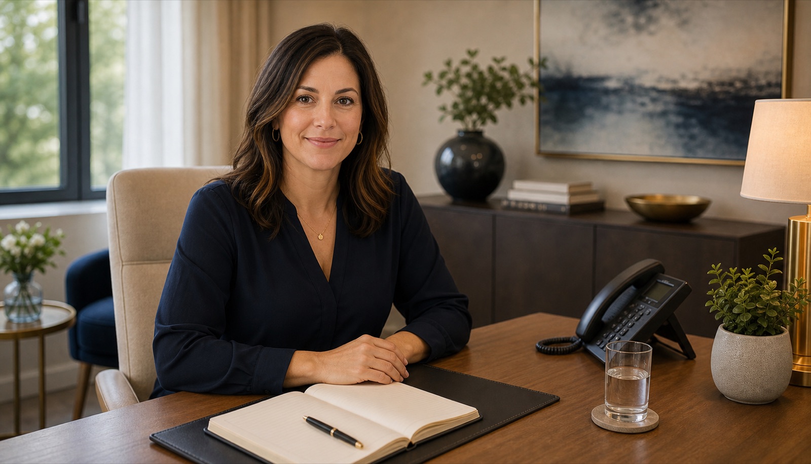 Admissions coordinator with a clear natural face in a private treatment center office