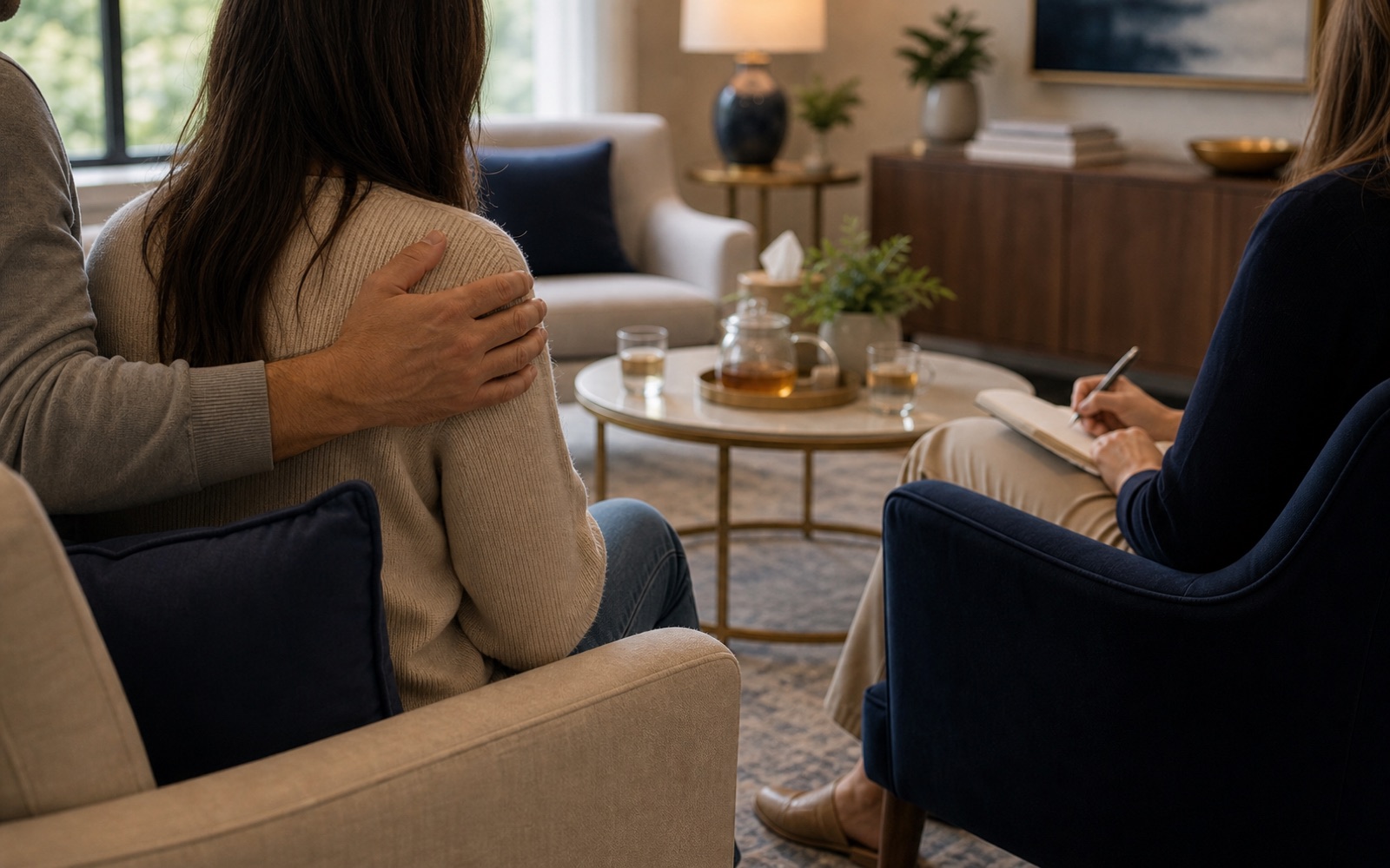 Private family support counseling scene without visible faces