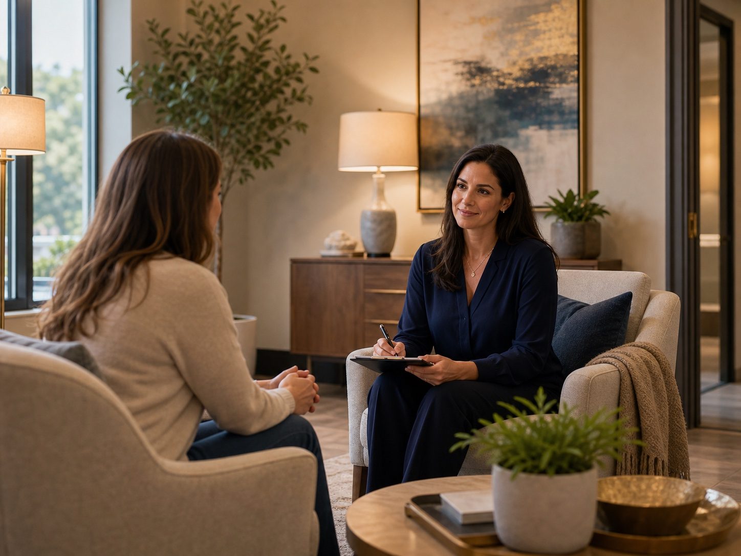 Private first conversation with a compassionate admissions coordinator in a warm treatment setting