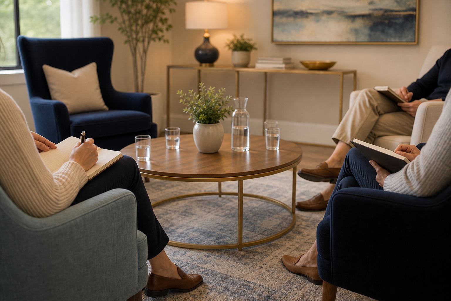 Private residential treatment group therapy room without visible faces
