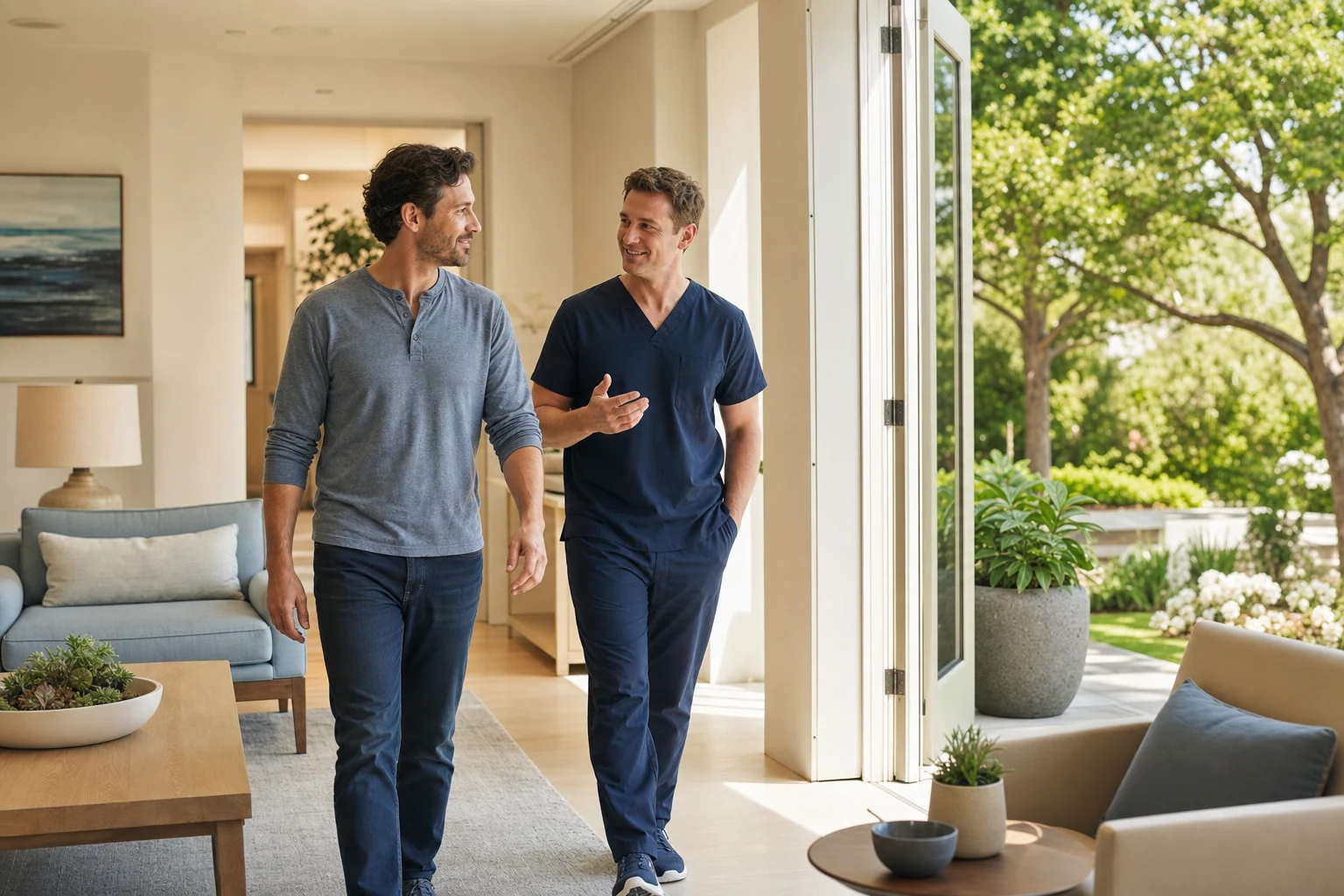 Client walking with a medical professional in a bright treatment center