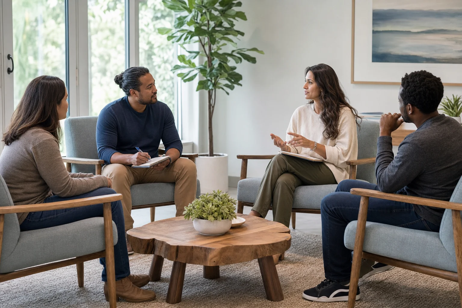 Clinician facilitating a calm evidence-based group therapy conversation