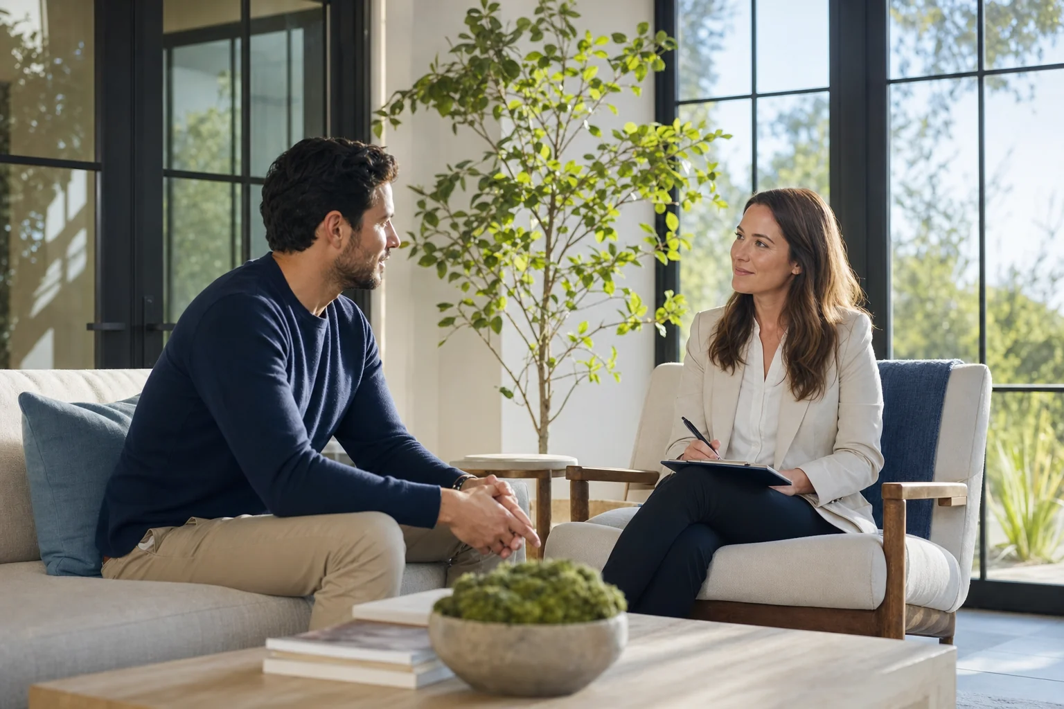 Client speaking with a clinician in a bright private treatment center lounge